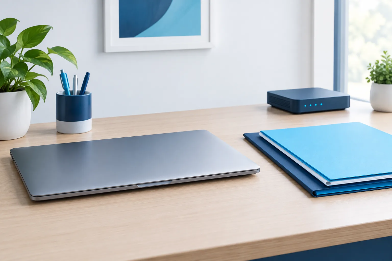 A closed laptop and network device on a tidy business desk.