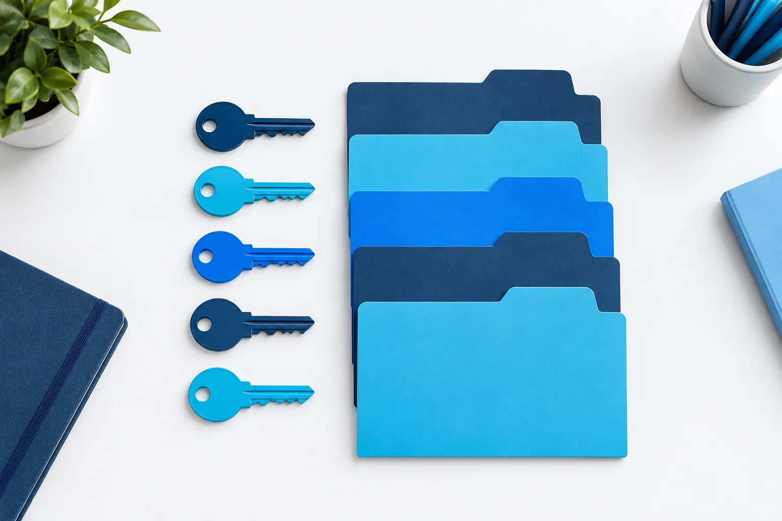 Key-shaped objects and blank folder tabs arranged on a desk.