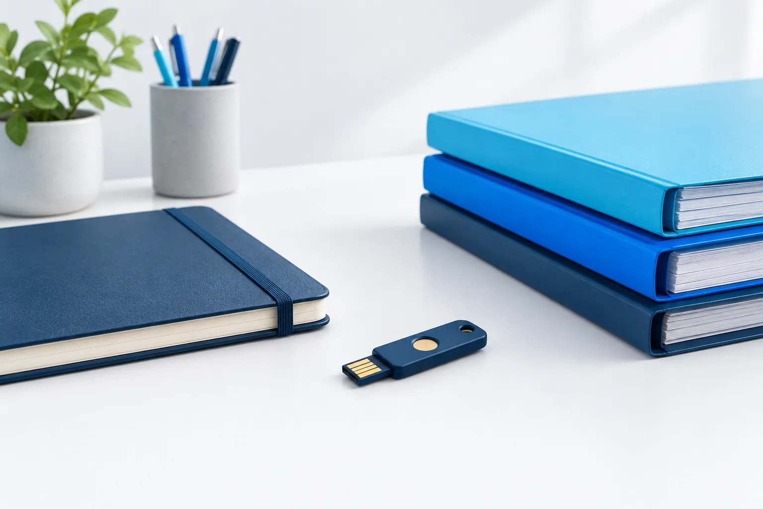 A security key beside a notebook and business folders on a desk.
